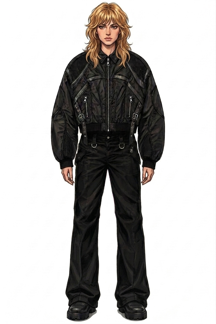 PHAM-001 cropped bomber silhouette study on female figure, sketch 1