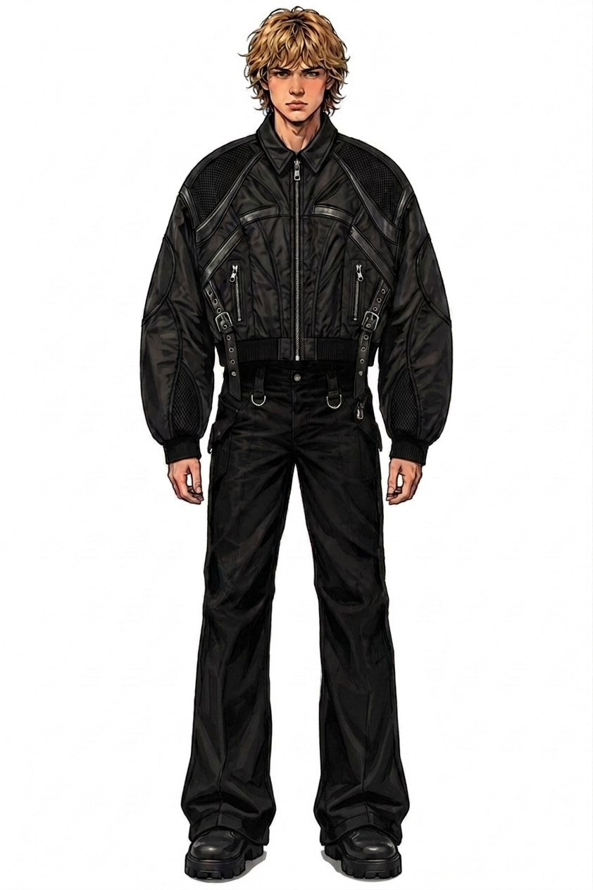 PHAM-001 cropped bomber silhouette study on male figure, sketch 1